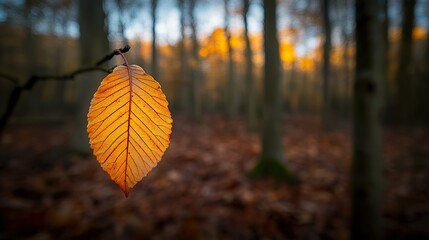 A glowing leaf stands out in a tranquil forest, symbolizing nature's quiet beauty and serenity.