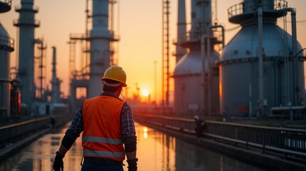 Naklejka premium Dusk at the Plant: Celebrating Workers in Industry. Reflecting on Labor: An Industrial Worker’s Journey. Harmony of Nature and Industry: A Worker’s Perspective.