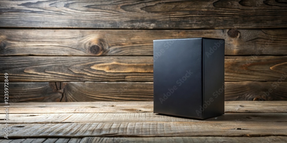 Poster a black box sits on a rustic wooden surface, providing a minimalist and elegant backdrop for product