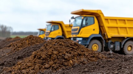Obraz premium Yellow dump trucks on construction site, soil piles