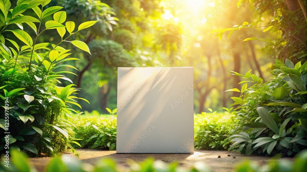 Poster A blank canvas standing tall in a lush forest setting with sunlight filtering through the leaves.