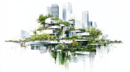 Obraz premium Futuristic urban landscape featuring eco-friendly architecture amidst a vibrant city backdrop