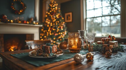 Naklejka premium Cozy dining room scene from a diagonal perspective featuring a table set with a green tablecloth glass gifts and a Christmas tree in the background capturing the essence of holiday cheer