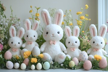 Charming Bunny Plush Toys Arranged with Easter Themed for a Playful Spring Display