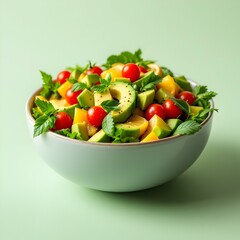 High-Resolution Overhead View of a Fresh Salad Bowl with Crisp Leafy Greens, Avocado, Cherry Tomatoes, Colorful Vegetables, and a Zesty Lemon Garnish

