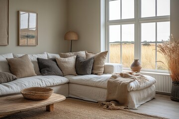 Cozy modern living room serene home interior design natural light stylish ambiance