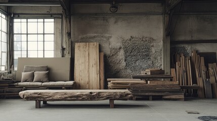 A sustainable marketplace showcasing various furniture made from reclaimed wood.