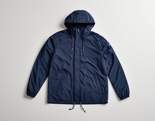 Navy blue lightweight jacket with a hood and drawstring, perfect for outdoor activities in mild weather.