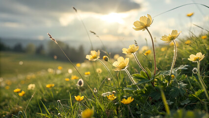 Obraz premium Sunlit Meadow with Vibrant Yellow Wildflowers Under Cloudy Sky
