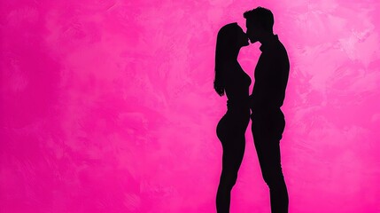 Romantic Silhouette of Couple Kissing Against Pink Background