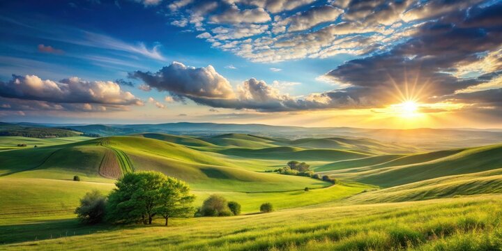 A picturesque panorama of rolling green hills bathed in the golden light of a setting sun, with a lone tree standing tall against the backdrop of a vibrant blue sky dotted with fluffy clouds