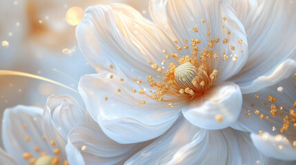 Fototapeta premium The soft delicate petals of a white flower with golden accents are captured in close-up showcasing nature’s gentle beauty. AI generative