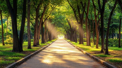 Obraz premium Tranquil Forest Glow with Soft Sunlight and Warm Tones, Perfect for Text Placement