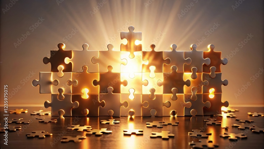 Poster Golden Jigsaw Puzzle Pieces Form a Wall With a Glowing Light Emerging From the Center of the Puzzle