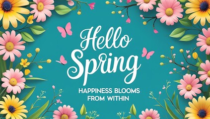 Hello spring background design. Spring greeting typography with fresh bloom flowers and butterfly elements. Spring season advertising template. Hand drawn brush lettering Hello spring