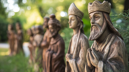 Naklejka premium Wooden statues of kings and religious figures in a green garden