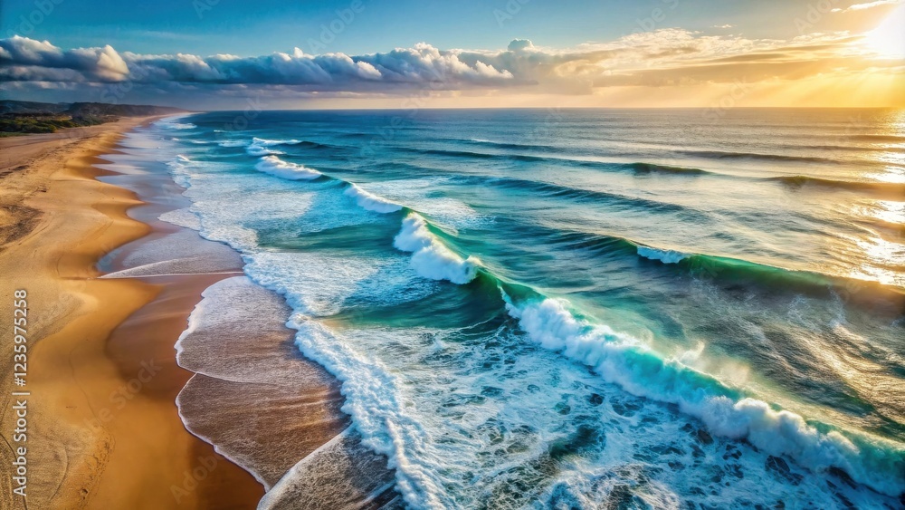 Poster an aerial view of the ocean with a golden beach as waves roll in at sunset