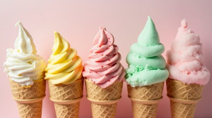 Colorful Cheer: Five Delicious Ice Cream Cones in a Row.
Sweet Summer Delight: A Rainbow of Ice Cream Flavors.
Indulge Your Sweet Tooth: Vibrant Soft-Serve Cones.