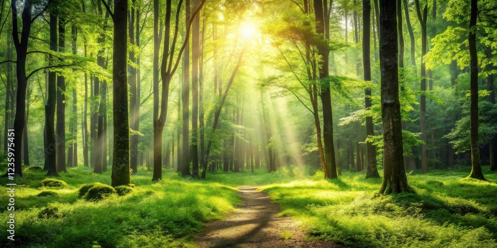 Poster A path through a dense forest illuminated by the golden rays of sunlight piercing through the canopy, creating a magical atmosphere.