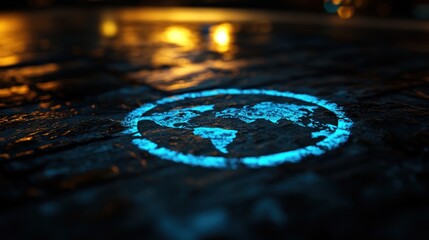 Glowing World Map Etched on Night Street