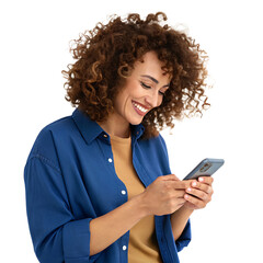 Happy Business Woman Holding Smartphone – Smiling Female with Curly Hair Using Mobile Phone, Social Media, Digital Communication, Isolated on Transparent Background, No Background