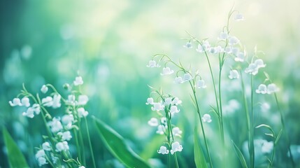 Delicate White Lily Of The Valley Flowers In Soft Green Field