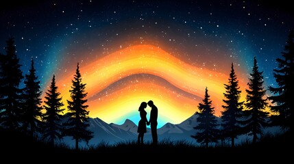 Fototapeta premium Romantic Silhouette of Couple Against Colorful Northern Lights