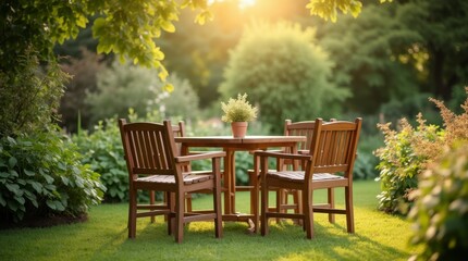 Obraz premium Outdoor Dining Bliss: A Cozy Garden Table Setting. Sunlit Serenity: Enjoying Nature at Your Garden Table. Gather in Nature: The Perfect Outdoor Oasis.