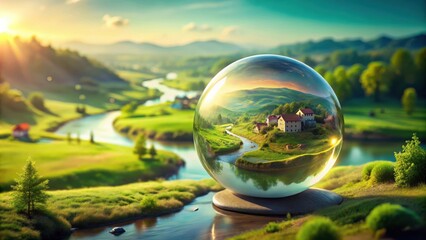 A crystal ball reflects a serene countryside scene with a winding river and houses, set against a backdrop of rolling hills and a bright sunset.