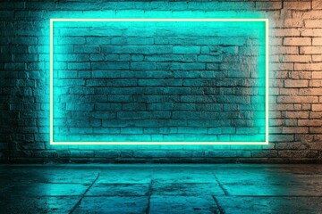 Teal neon rectangular frame on a brick wall.