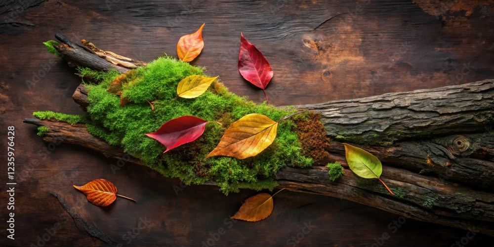 Poster a mossy log with vibrant autumn leaves scattered around it, showcasing nature's colorful transition 
