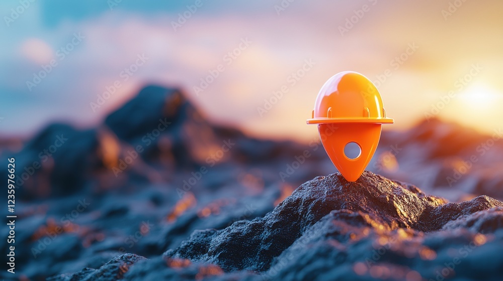 Fototapete icon pin location industry 3d pin location icon with a hard hat on top, placed on a map of a mining 