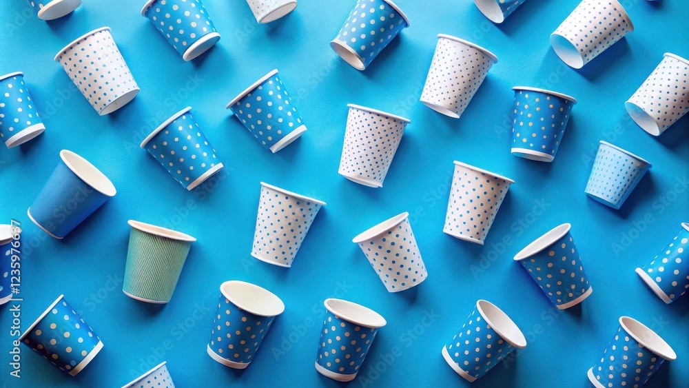 Poster a vibrant pattern of blue paper cups with white polka dots against a bright blue background, showcas