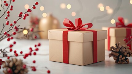 Gift boxes wrapped in red ribbons on eco-friendly paper, isolated on white background.