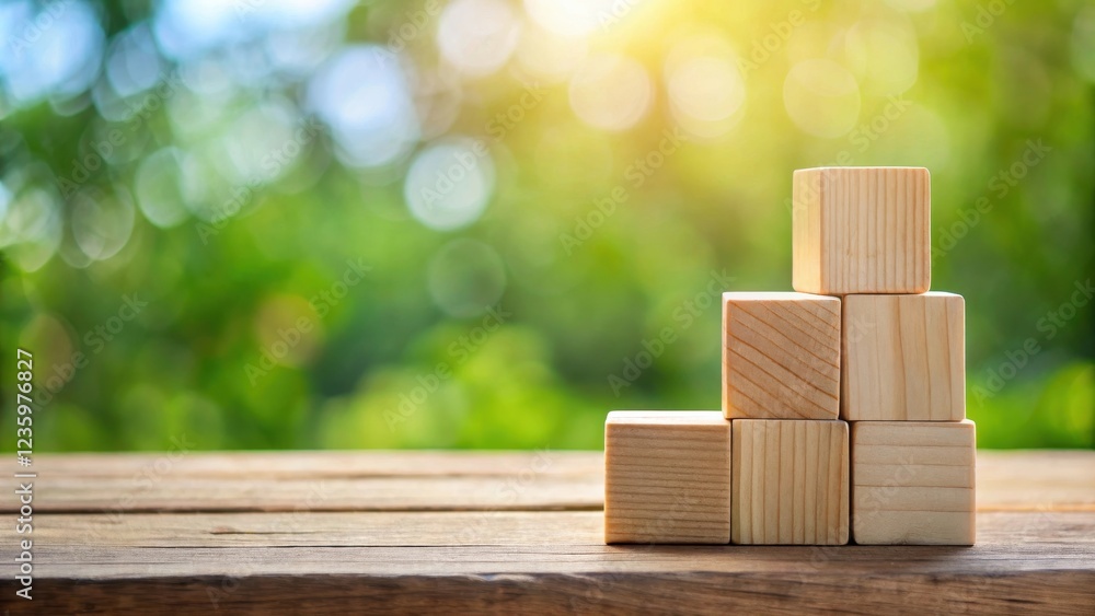 Aufkleber wooden blocks arranged in a stack on a tabletop with a natural green bokeh background