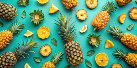 Fototapeta premium A vibrant summer composition with a bright green background and a scattering of ripe pineapples, lemon slices, and pineapple wedges.