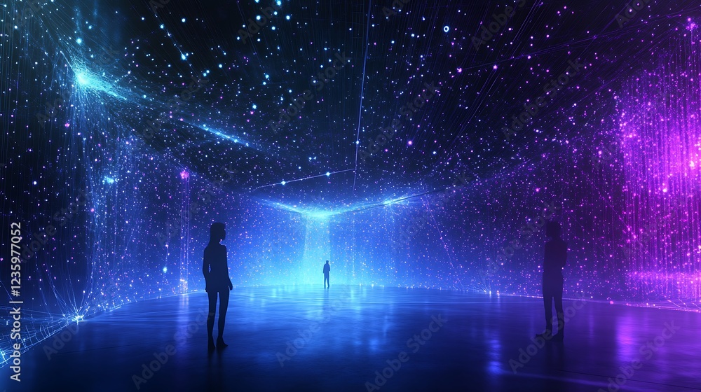 Poster Abstract digital space with figures, glowing network. Possible use Stock photo for futuristic technology, virtual reality, or digital art