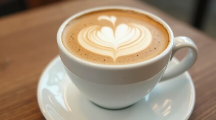 Obraz premium a white cup of latte art featuring a graceful heart design on top of the creamy foam. The cup is placed on a matching saucer, and the setting has a warm wooden table.