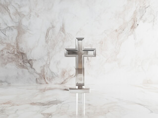 Silver cross on marble background