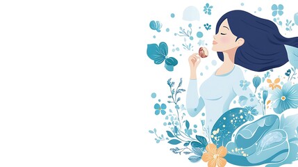 Woman smelling flower, serene floral background, artistic illustration, digital art,  peaceful mood