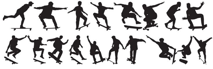 skater silhouettes. Collection of skate boarder on isolated white background.