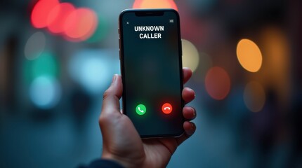 a hand holding a smartphone that displays an incoming call labeled "UNKNOWN CALLER." The screen shows green and red options for answering or declining the call.
