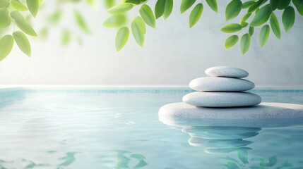 Spa Calming Tranquil Atmosphere Zen garden with a rock arrangement and flowing water, natural elements and soft lighting create a calming atmosphere