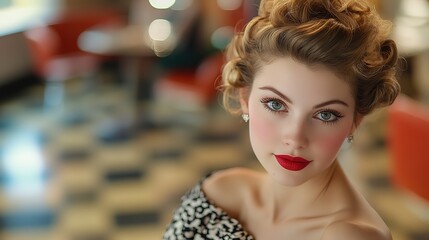 glamour pretty vintage girl, 50s fashionista girl smiling with curve curl hair, Hollywood look at cafe	
