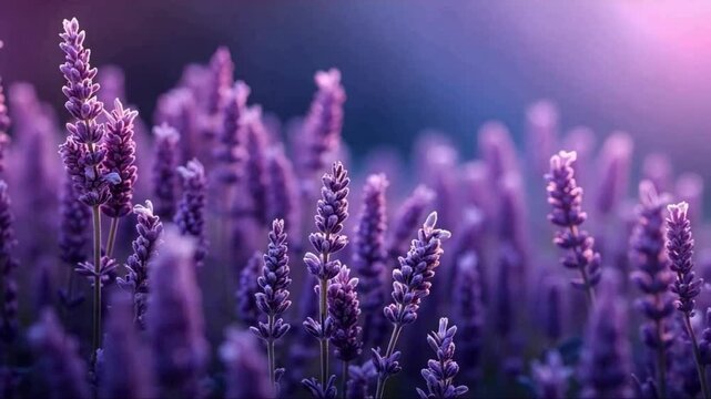Field of purple lavender flowers. The flowers are in full bloom and are spread out across the field. Scene is peaceful and serene, as the purple flowers create a calming atmosphere