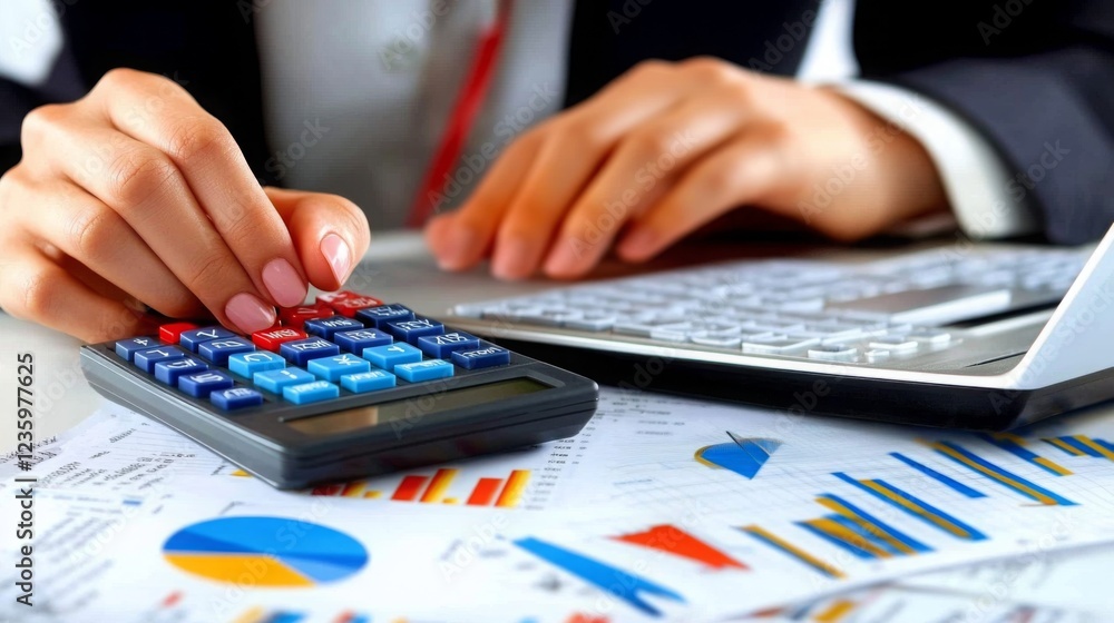 Aufkleber a person operates a calculator and laptop, analyzing financial documents and graphs, suggesting a fo