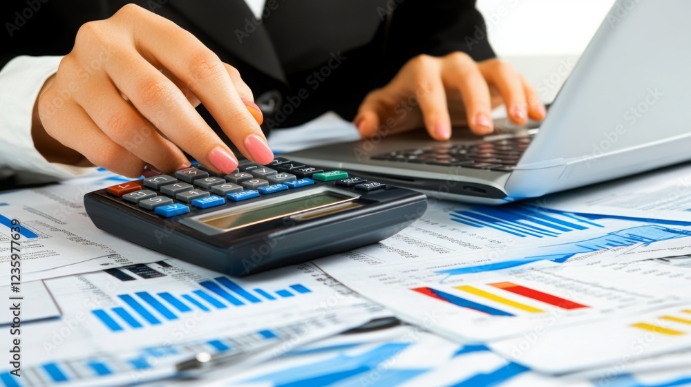 Aufkleber A person calculates financial data using a calculator and laptop, surrounded by charts and spreadsheets for analysis.
