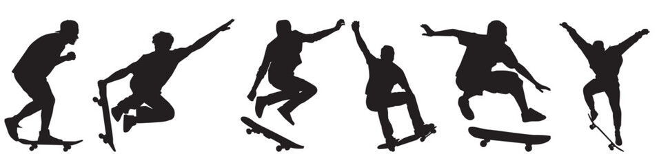 set of skater silhouettes. Collection of skate boarder on isolated white background.