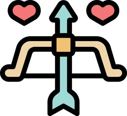 Cupid's bow and arrow pointing upward, symbolizing love, romance, and valentine's day, with two hearts