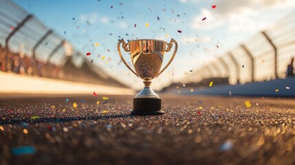 A gleaming trophy sits on the racetrack, surrounded by confetti, symbolizing victory and achievement in a competitive race.